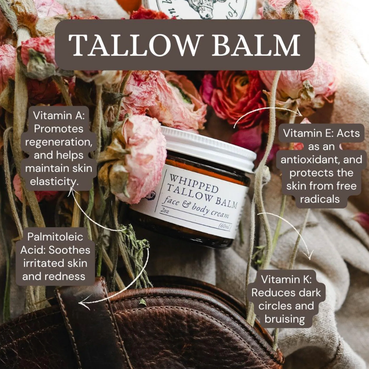 Whipped Tallow Body Butter | Natural Moisturizer for Dry Skin – Grass-Fed Tallow Balm in Amber Jar (4 oz)