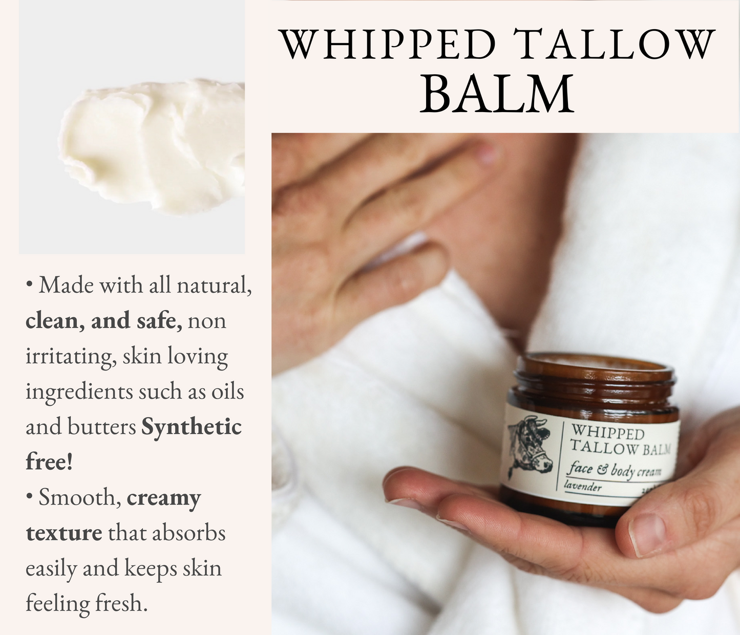 Whipped Tallow Body Butter | Natural Moisturizer for Dry Skin – Grass-Fed Tallow Balm in Amber Jar (2 oz)